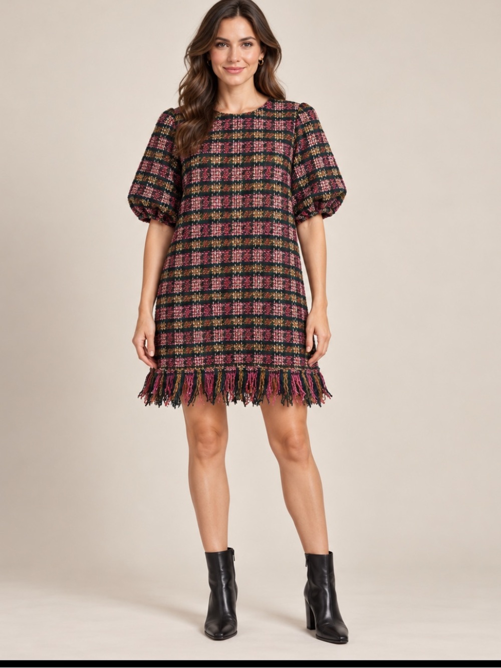 Prosperina Plaid Tweed Fringe Mini Shift Holiday Cocktail Dress M NWT Fall
